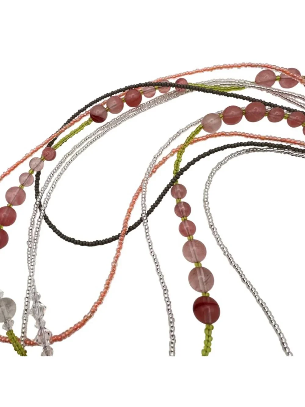 Blue Agate Slice Pendant Necklace Multistrand Beaded Boho Pink Green Glass Layer - Picture 5 of 15